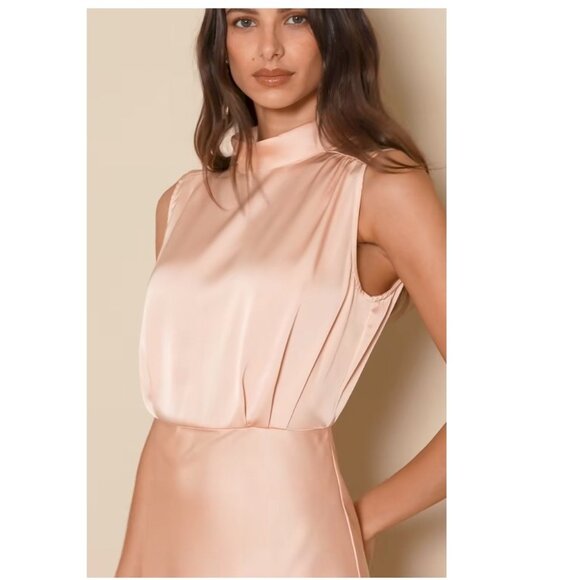 Lulus Classic Elegance Peach Satin Sleeveless Mock Neck Maxi Dress Size XS NWOT - Picture 3 of 9